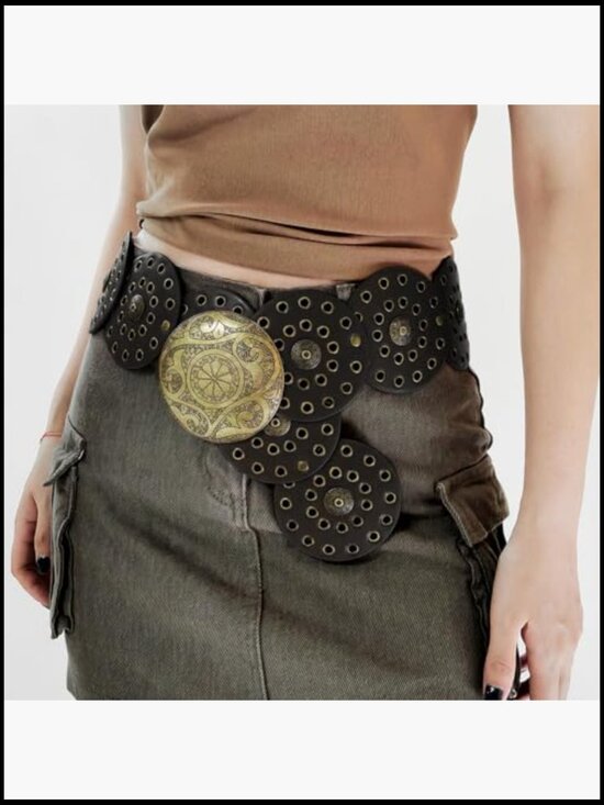 Wide Disc Belt Vintage Western Waist Leather Hollow Out Retro main image 4